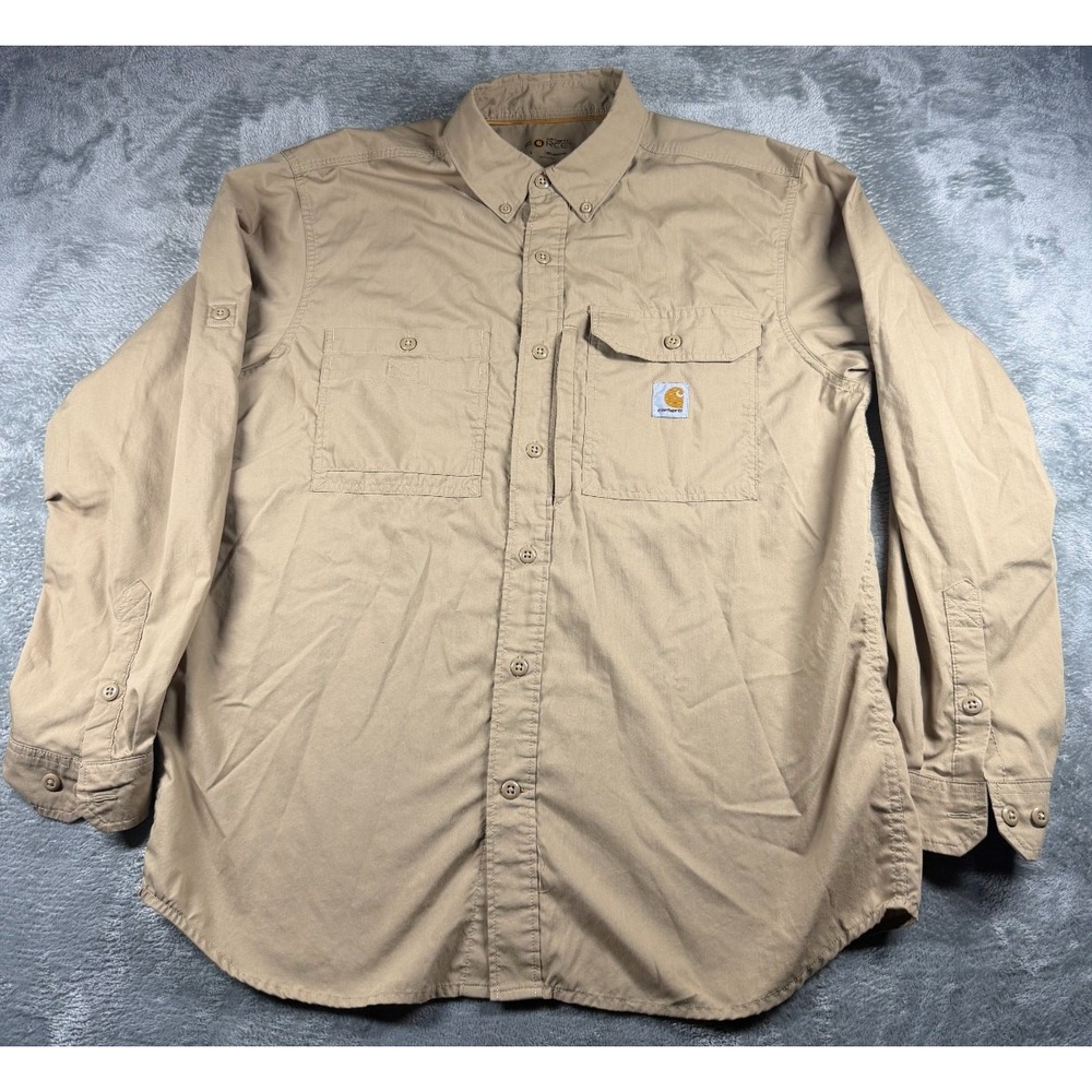Carhartt Force Shirt Mens L Relaxed Fit Tan Long Sleeve Work Fishing Button Up